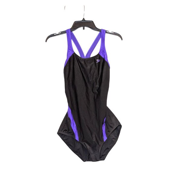 Speedo Womens Black & Purple One-Piece Swimsuit Crossback Style Size 14 Nylon/Sp - Picture 1 of 4